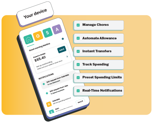 Phone with Greenlight's dashboard, which has pop-up messages with Features for parents, such as Managing Chores, Automating allowances and instant transfers, tracking spending, Spending limits, and Real-time notifications.