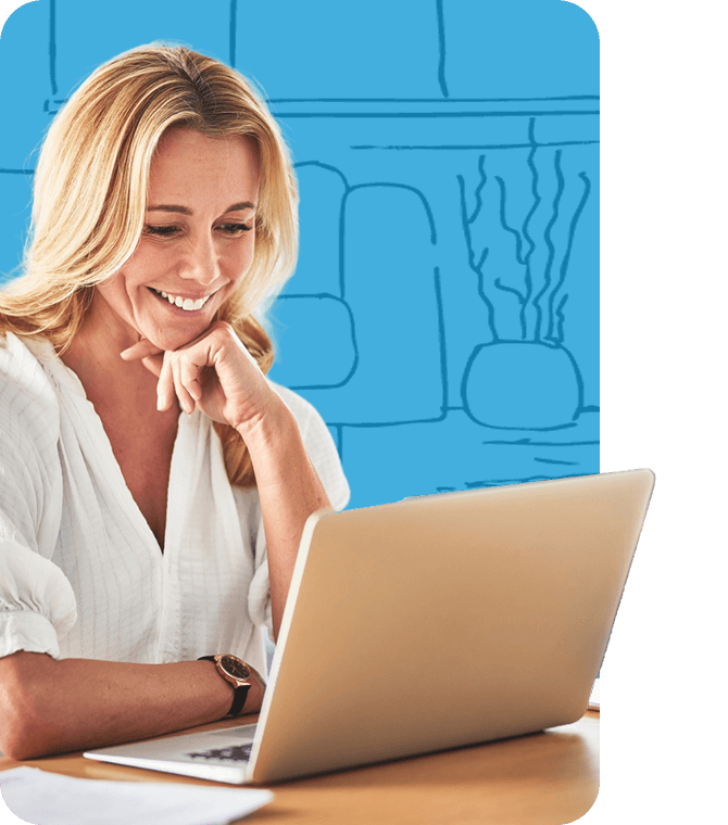 Smiling woman on laptop exploring Guardian Credit Union’s online financial literacy resources, tools, and educational support