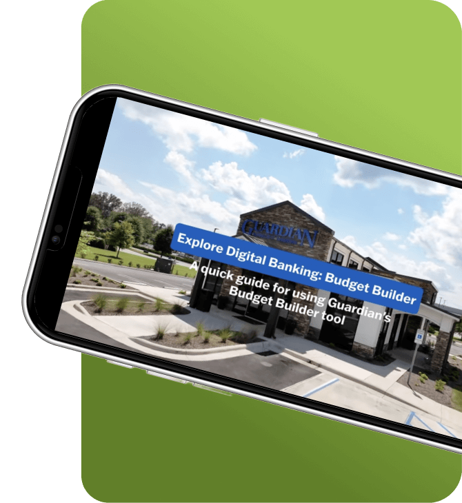 Smartphone showing Guardian Credit Union Budget Builder video, part of digital banking how-to resources for members online