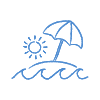 Vacation icon, Sun, umbrella on the sand and water waves