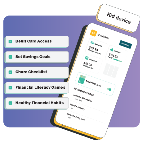 Greenlight kids banking app interface on a smartphone, highlighting features like debit card access, setting savings goals, chore management, financial literacy games, and tools to build healthy money habits for children.
