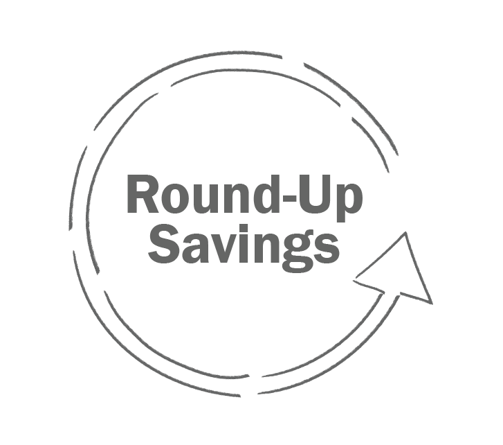 Gray circular arrow with “Round-Up Savings” text, representing Guardian Credit Union’s automatic savings round-up feature