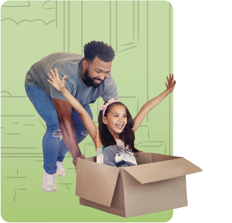 Father pushing daughter in a moving box, representing the joy and new beginnings of Guardian home loans