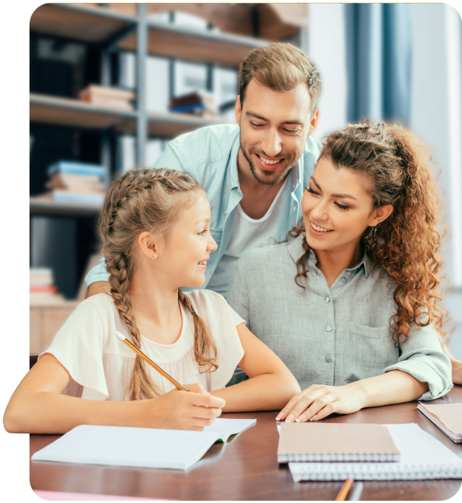 Family happy while their daughter is doing her homework, knowing the Guardian Credit Union's Education Planning will help them along the way.