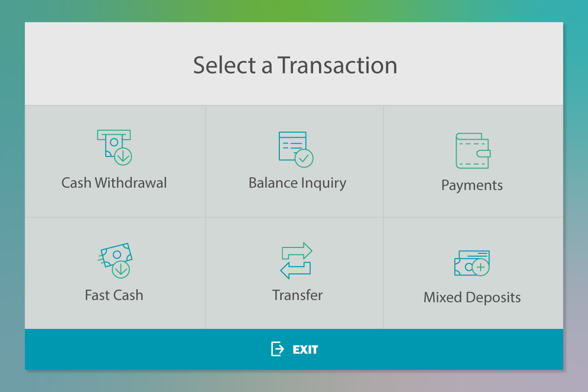 Guardian Credit Union Smart ATM screen with selection of transactions, Cash Withdraw, Balance Inquiry, Payments, Fast Cash, Tranfers and Mixed deposits (Cash and Check)