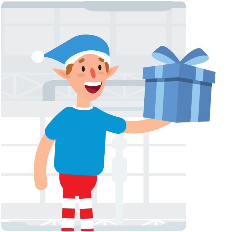 Cartoon of Guardian's Holiday Helper offering a holiday gift.