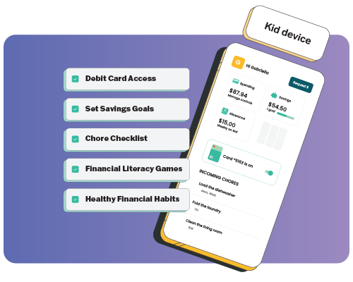Phone with Greenlight's dashboard with pop-up messages with Benefits for Kids, Debit card access, the ability to set saving goals, a chores checklist, engaging financial literacy games, and the promotion of healthy financial habits.