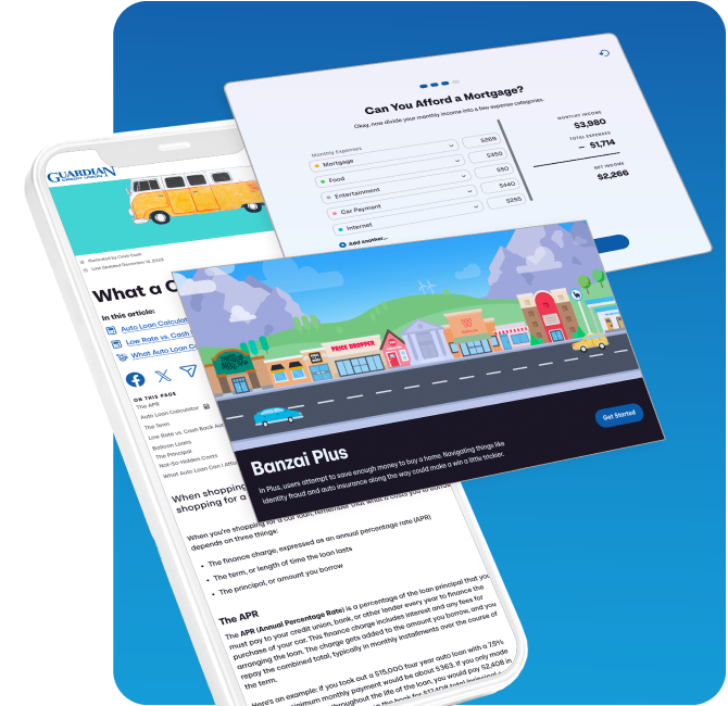 Guardian Credit Union digital tools displaying mortgage calculator, educational article on APR, and interactive Banzai Plus game, promoting financial literacy and smart money decisions for members.
