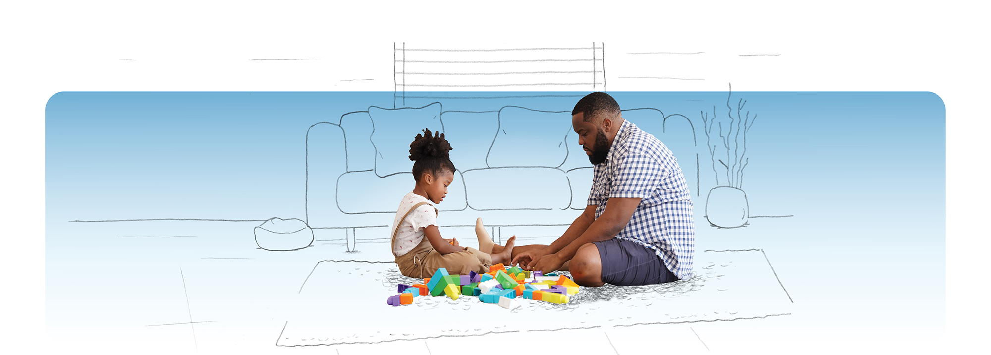 Checking hero. Image of little girl and father playing blocks