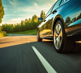 Car driving down road at sunset, representing Guardian Credit Union’s auto insurance coverage for protection and peace of mind