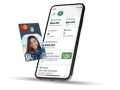 Greenlight Debit Card and App dashboard on phone view.