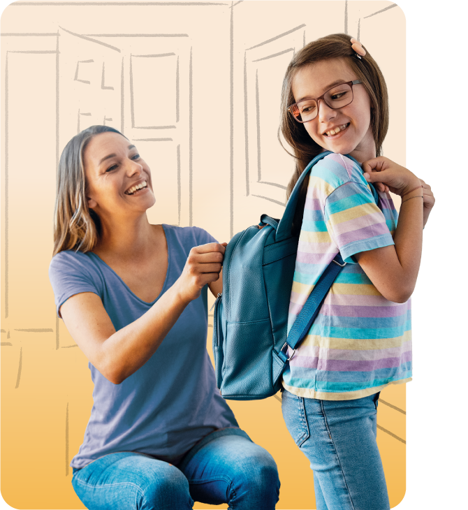 Smiling mom helps daughter with backpack, showing how Guardian CU personal loans support family needs