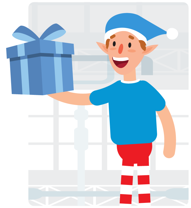 Cartoon of Guardian's Holiday Helper offering a  holiday gift.